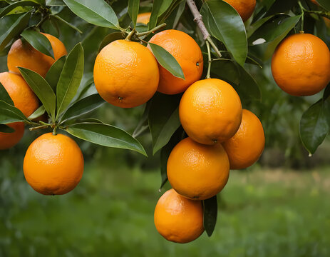 Bunch of fresh ripe oranges hanging on a tree in orange garden, fresh oranges on tree 