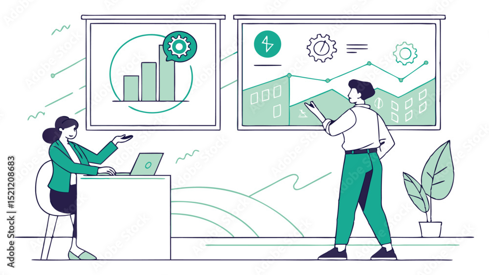 Poster illustration of two people presenting business data on screens with charts and graphs in an office s