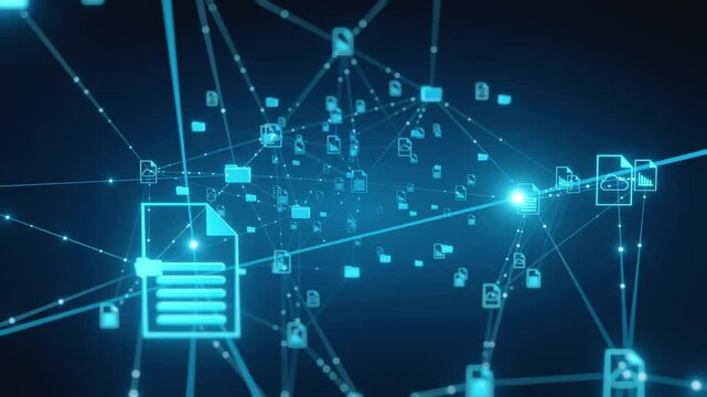 Abstract network background showing glowing nodes connected by lines, representing digital document and data management, cloud storage, and technology concepts.