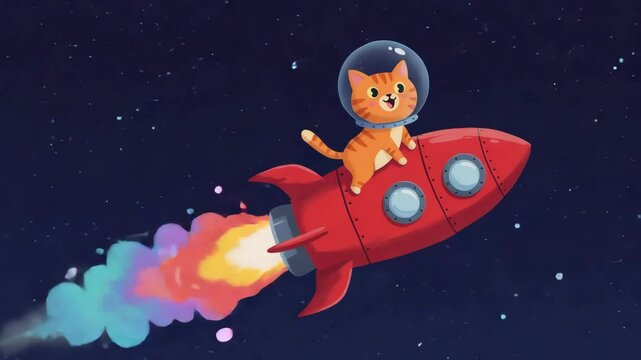 Cat astronaut flying in a rocket through space with colorful exhaust  