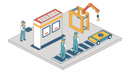 Isometric view of factory workers operating machinery and automated vehicle on conveyor belt system