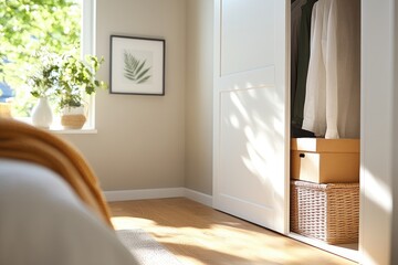 Bright bedroom interior with open wardrobe and sunlight