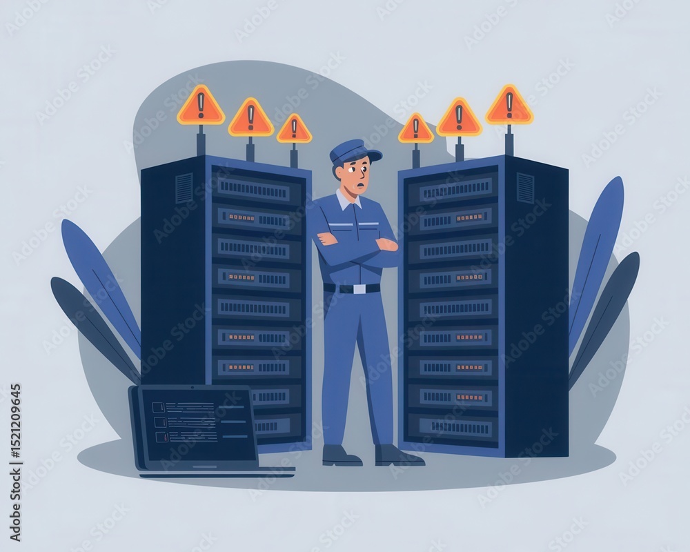 Poster server room technician facing infrastructure issue with exclamation marks display