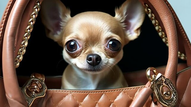 chihuahua sitting in handbag video concept small dog lifestyle fashion pets content pet accessories

