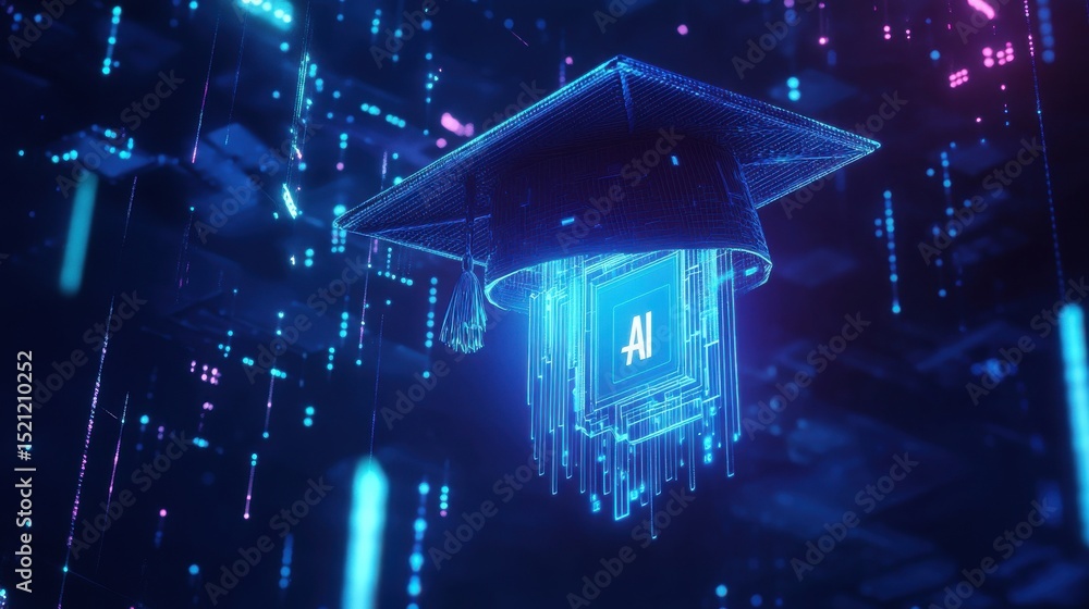 Aufkleber glowing ai microchip with graduation cap in digital space