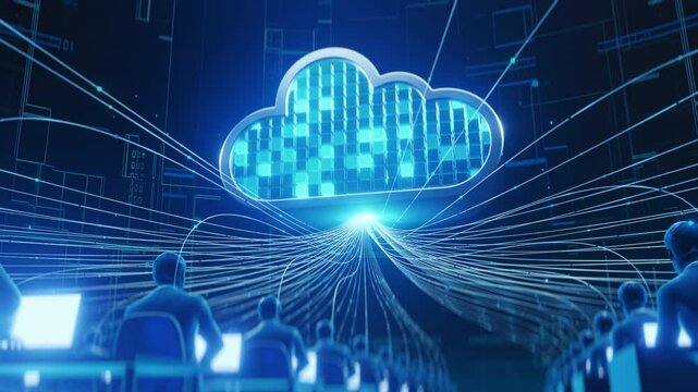 Abstract visualization of cloud technology with stylized figures accessing data streams in a digital network environment representing computing, communication, and data management.