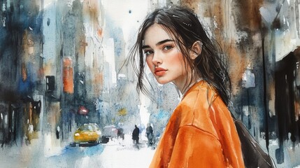 Fototapeta premium Young woman walking in city street with orange jacket