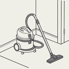 Vacuum cleaner with hose and nozzle positioned in a room corner  