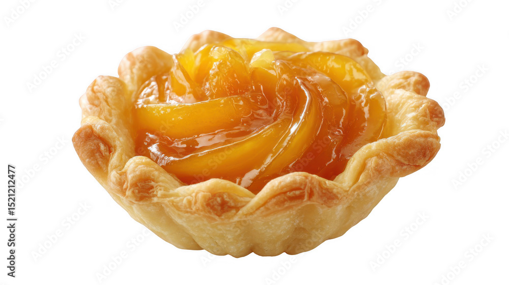 Poster golden pastry shell filled with swirling peach filling, creating a visually appealing and tempting t