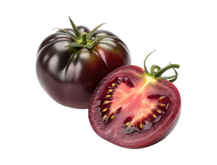 A whole and a half of an antocyanin heirloom tomato isolated on a transparent background png food design