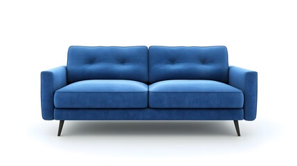 A front view of a two seater blue sofa with black legs against a white background in a studio setting
