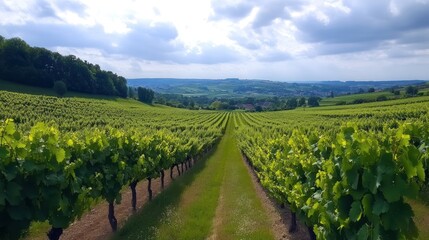 Naklejka premium Lush vineyard rows stretch into the distance under a partly cloudy sky