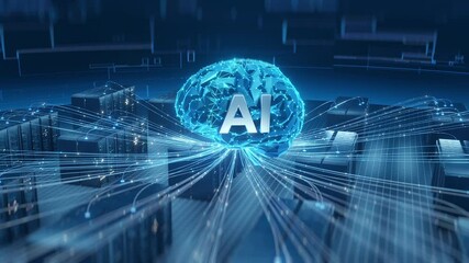 Abstract visualization of artificial intelligence connecting data servers. AI concept with brain network node linking to computer racks in a futuristic data center environment. - Powered by Adobe