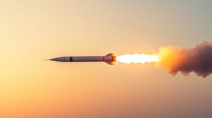 Missile launching into sunset sky, dramatic outdoor scene
