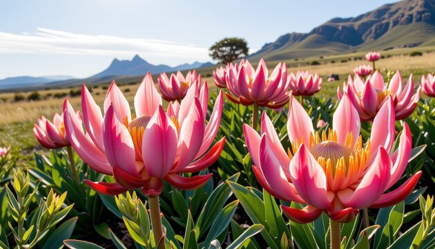a dreamy wide angle photograph of the giant protea (protea cynaroides), captured with a 16 35mm lens, f/4 aperture