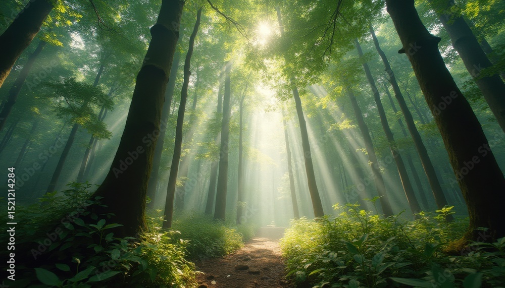 Aufkleber sunlight streaming through trees on serene forest path