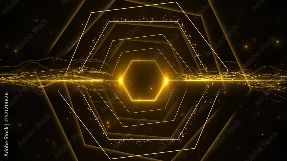 Poster abstract gold hexagon background dynamic motion futuristic glowing effect. golden metallic texture b