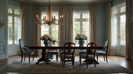 Obraz premium Formal dining room with large windows