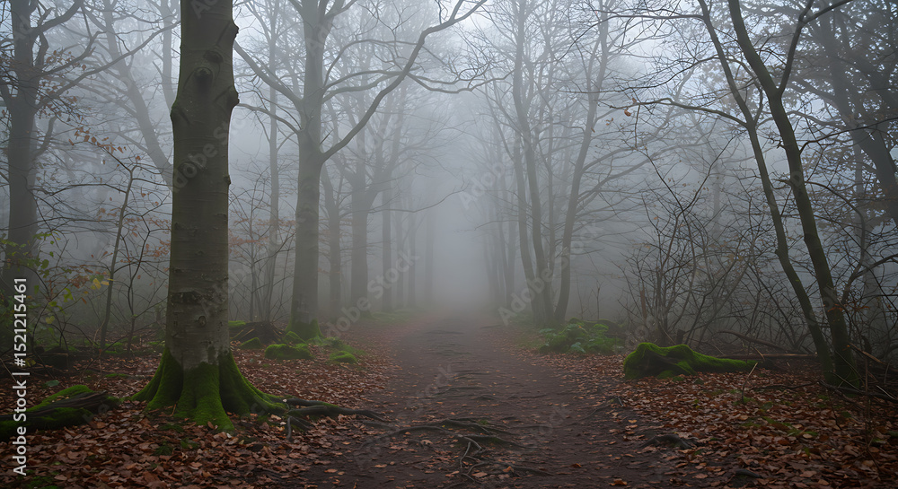 Aufkleber mysterious, atmospheric path leading through a foggy forest with bare trees and fallen autumn leaves