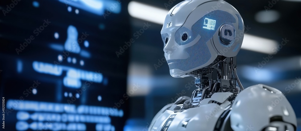 Poster technological sentinel: a close-up, cinematic view of an advanced robot observing data display, reve