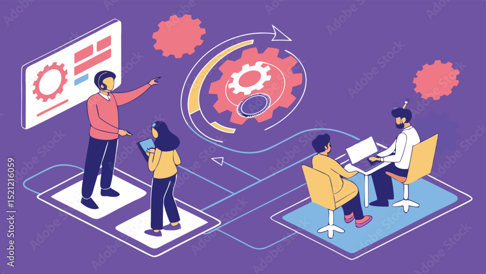 Poster isometric illustration of team collaboration process with gears and digital interface elements shown