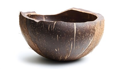 A close up shot of a halved coconut shell with a rough exterior texture on a plain white background space