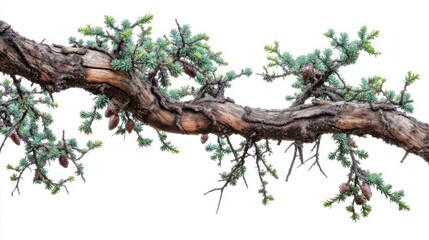 Obraz premium Detailed Close-Up of Horizontal Pine Branch with Cones and Green Needles on White Background
