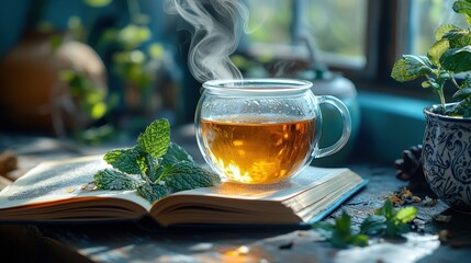 Aromatic herbal tea, steaming gently, on an open book, bathed in sunlight, near a window