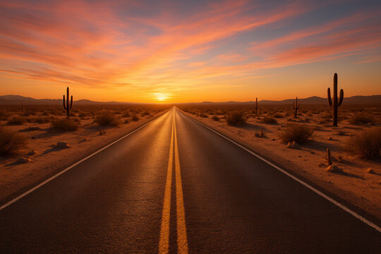 A photorealistic desert highway at sunset, lined with silhouetted cacti, leading toward a vibrant horizon under a sky painted in orange and purple hues, evoking serenity and wanderlust.