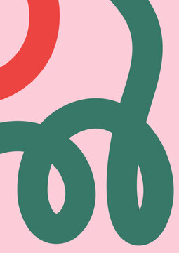 Minimalist Playful Wavy Swirl Line in Green and Red on Pink Background Abstract Art Template Music Party Summer Poster template	