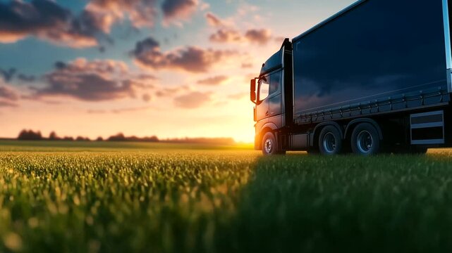 Scenic countryside farm backdrop with a perfectly detailed truck parked by a field, its side panel ready for creative branding or messaging