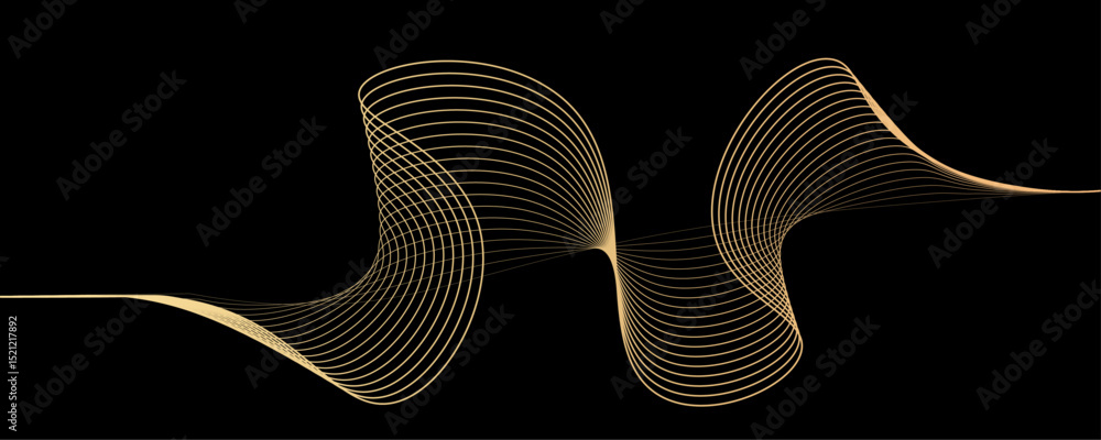 Poster 3D vector pattern of gold waves in a smooth curve, flowing dynamic golden gradient wavy lines isolated on black background concept of luxury, digital, AI, technology, communication, science, music
