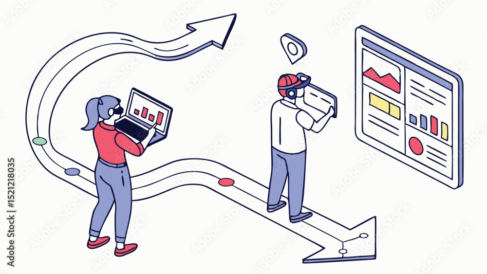 Poster isometric illustration of two people using vr headsets with charts and an arrow path showing progres