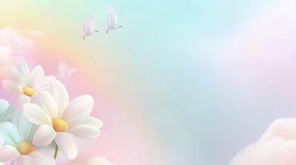 Fototapeta premium Delicate white flowers and birds in a pastel sky.