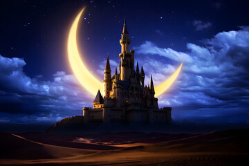 Naklejka premium Majestic castle silhouetted against a glowing crescent moon nestled in a mystical desert under a starlit night sky.
