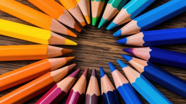 Vibrant arrangement of colored pencils in a circular pattern on a wooden surface