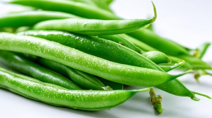 Fresh Green Beans on White Background Highlighting their Glossy Texture and Vibrant Color Ideal for Culinary Use and Healthy Dishes