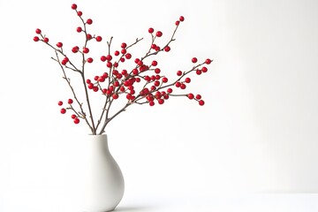 Red berries on bare branches in a white vase against a white background in a studio setting neutral