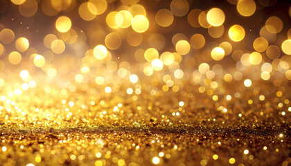 Golden glitter bokeh lights sparkling background, festive golden sparkle lights, glitter effect on dark background, luxury glitter bokeh lights