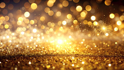 Golden glitter bokeh lights sparkling background, festive golden sparkle lights, glitter effect on dark background, luxury glitter bokeh lights