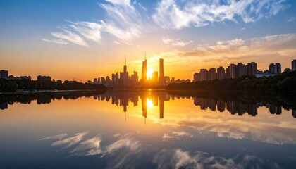 Naklejka premium Sunrise Cityscape Reflection