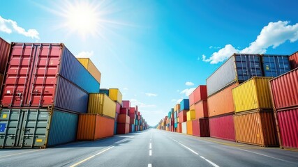 Fototapeta premium Global Shipping Hub: A vibrant perspective unveils an extensive array of stacked shipping containers stretching into the horizon, embodying global trade, logistics, and the world's commerce.