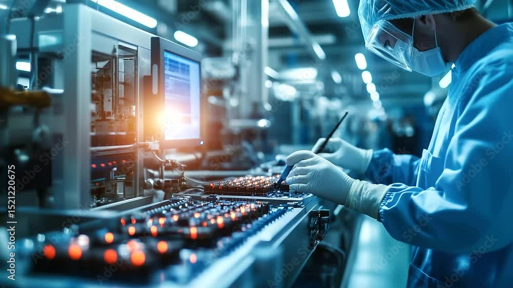 Poster industrial setting with a technician wearing protective gloves running diagnostics on a complex lith