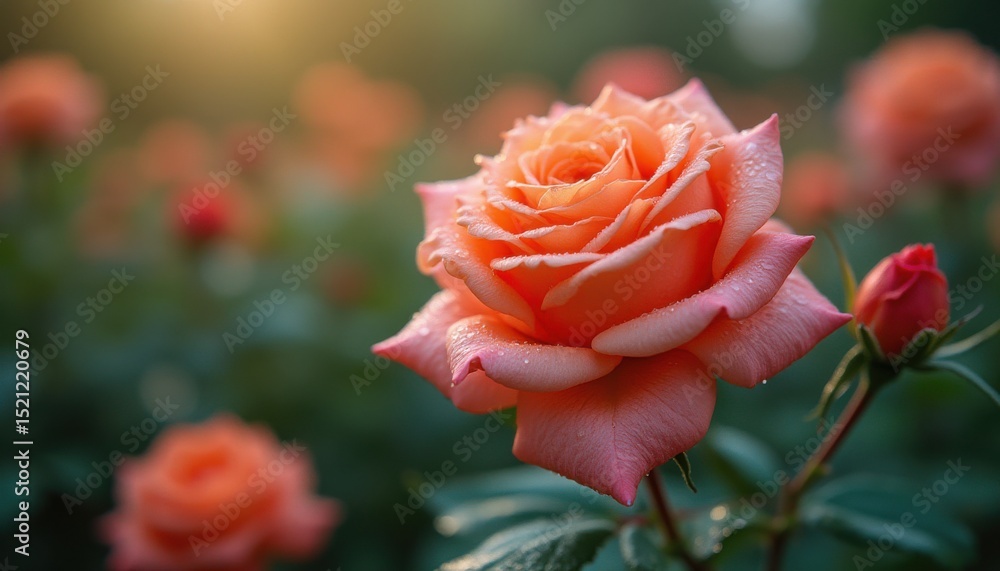 Aufkleber single rose with dew drops in serene garden setting