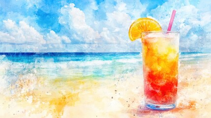 Obraz premium Layered cocktail in tall glass at sunny beach