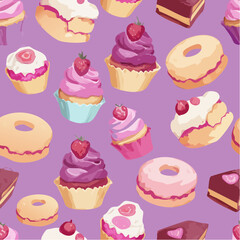 Delicious Sweet Treats Seamless Pattern Cupcakes, Donuts, and Cakes