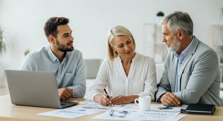 Collaborative business meeting with executives and young professional analyzing reports