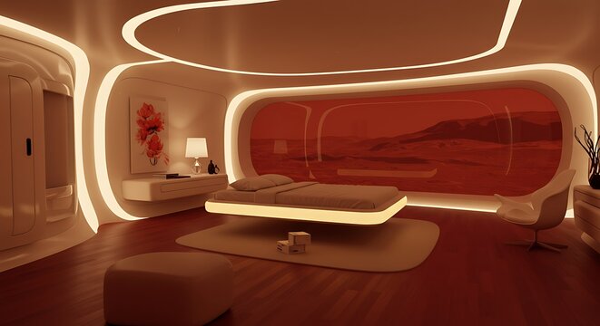 Futuristic Martian bedroom with low-gravity bed, ambient lighting, and curved architecture