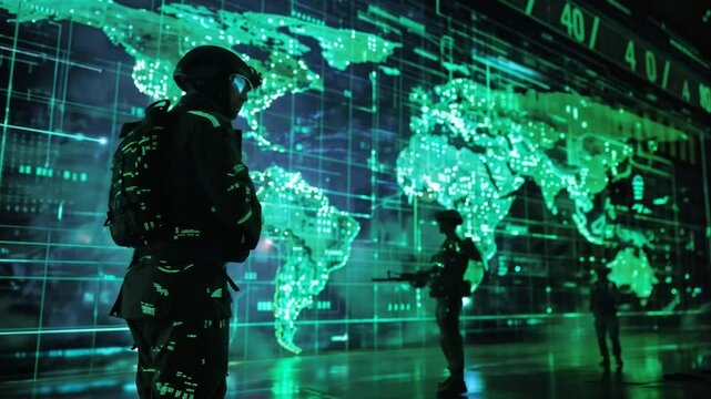 Tactical operators observing green digital world map projection in strategic command post. High-tech military intelligence facility with personnel soldier analyzing global data visualization interface