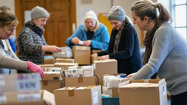 Volunteers preparing cardboard boxes for shipment in a community center